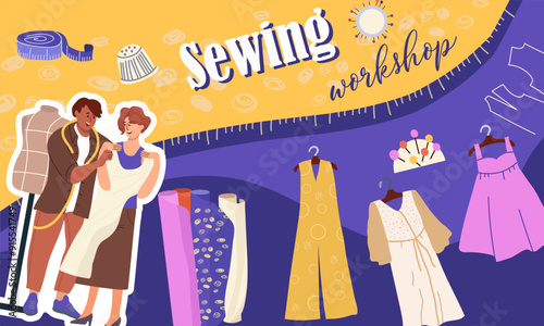 Collage sewing workshop, hand drawn vector illustration vector illustration.