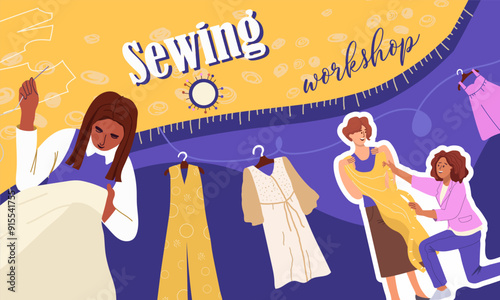 Collage sewing workshop, hand drawn vector illustration vector illustration.