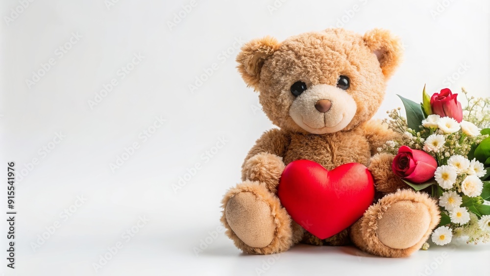 Obraz premium Teddy bear with heart and flowers on white background, perfect for Valentine's Day celebration, Valentine, love, cuddly, plush, romance