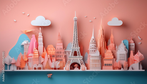 3d paris pink color city skyline