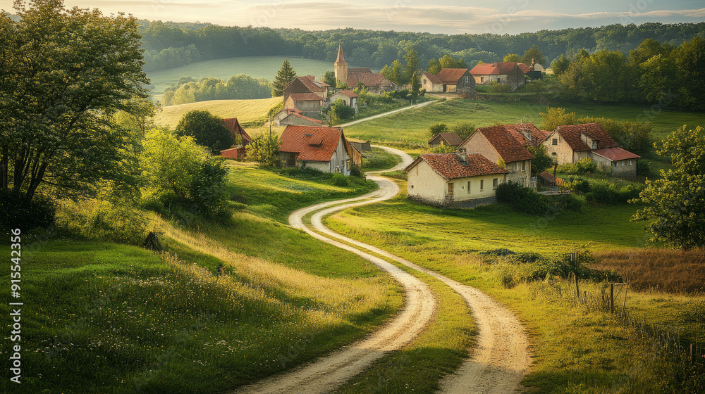 A peaceful rural village with quaint houses and a winding dirt road A peaceful rural village with quaint houses and a winding dirt road