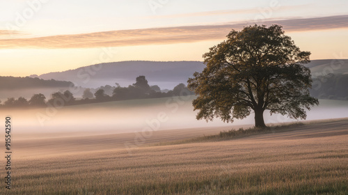 A quiet dawn scene with mist rising over a rural landscape with a lone tree