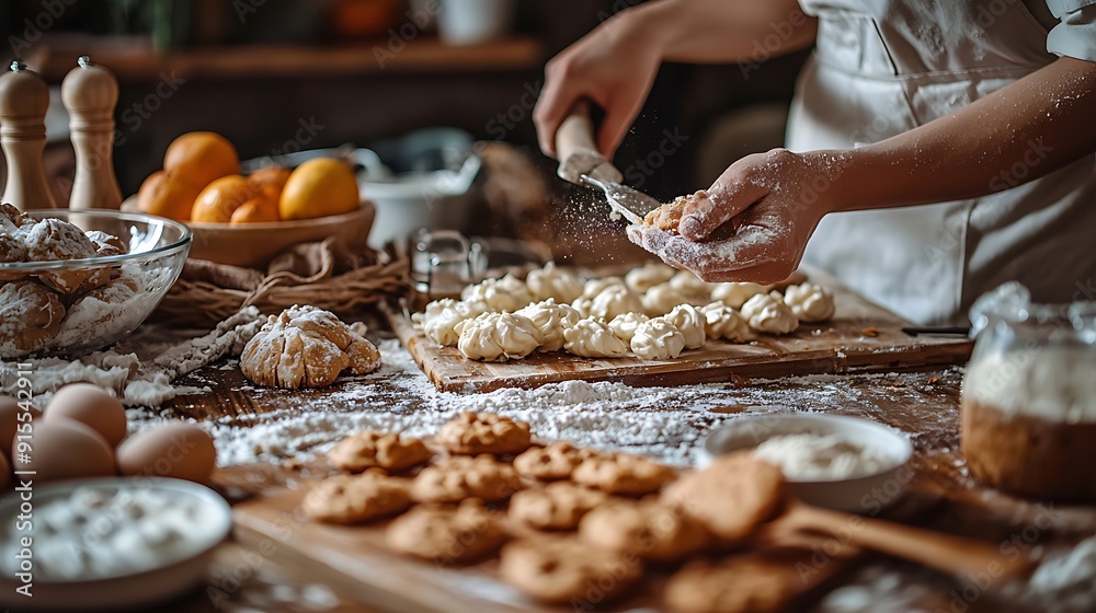 Flour dusted hands knead sweet dough for decadent cake creation Flour dusted hands knead sweet dough for decadent cake creation