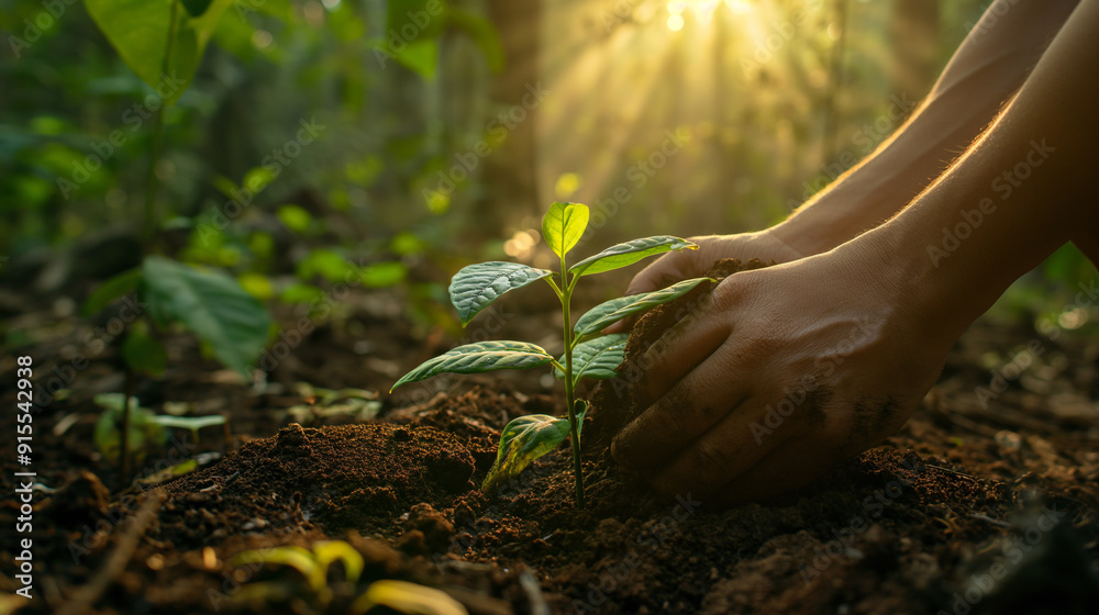 Fototapeta premium Hands Planting a Young Tree in Fertile Soil with Sunlight Streaming Through Leaves