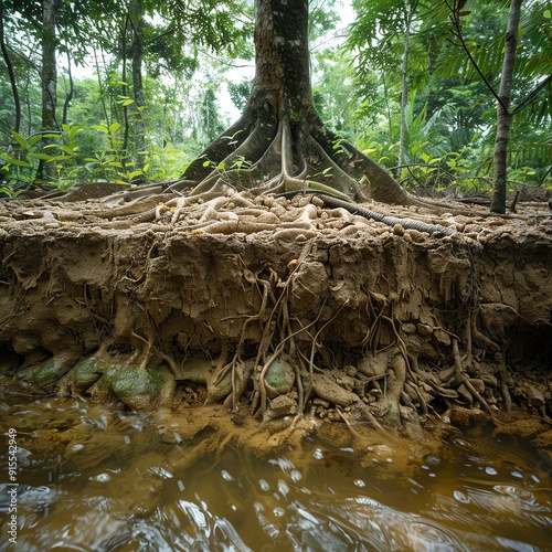 Tree roots stabilizing soil in a floodprone area, forest resources weather, flood prevention photo