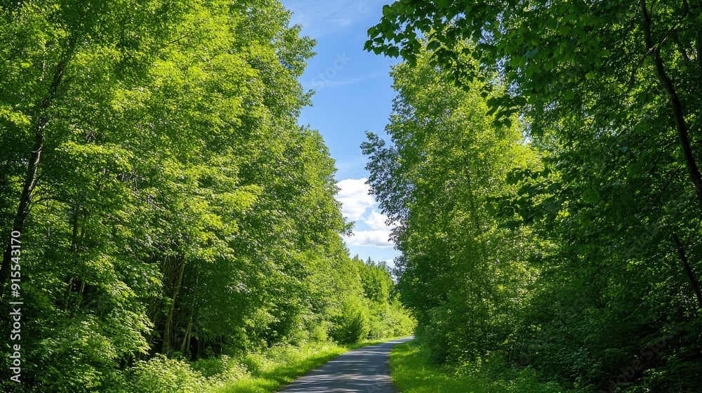 Fototapeta premium A winding country road is surrounded by lush greenery and fresh leaves, basking in sunlight beneath a clear blue sky