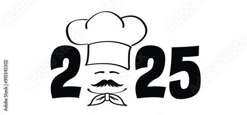 Best wishes card, happy new year 2025 with chef cap with mustache symbol. Chef hat or cap. Kitchen cook or cooking hat. Vector menu logo or icon. Cartoon cuisine bakery. Christmas, xmas  time