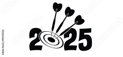 Best wishes card or banner, happy new year 2025 with dartboard symbol.  Cartoon dart arrows for dart board game. Successful business strategy concept. Targeted strategies. Success, goals. 