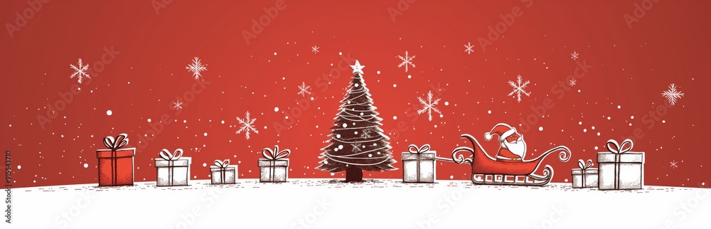 Fototapeta premium Festive Christmas Scene with Santa's Sleigh and Decorated Tree on Red Background