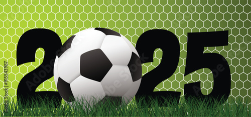 Best wishes, we wish you a happy New Year 2025 with football on green field. Sport finale or school, park sports game cup. Summer, spring time, Street ball games. Cartoon goal for 2025.