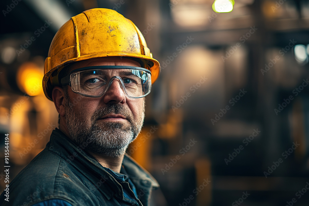 Middle-aged worker in safety glasses and a yellow helmet at a steel plant, standing in front of a blurred industrial background. Emphasizes safety, professionalism, and industrial work. Middle-aged worker in safety glasses and a yellow helmet at a steel plant, standing in front of a blurred industrial background. Emphasizes safety, professionalism, and industrial work.