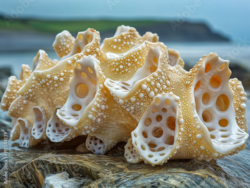 A large, white, and yellow sea creature with many holes in it. The holes are scattered all over the creature, and it looks like it's made of many different pieces photo