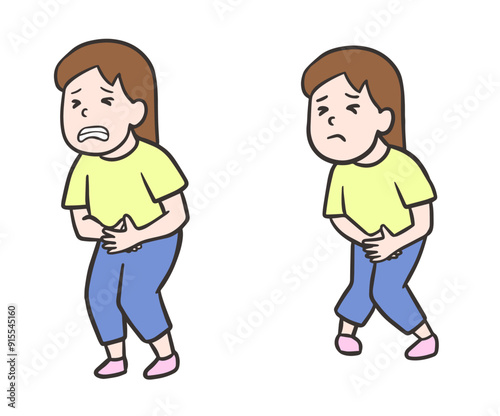 お腹が痛い女性と漏れそうな女性のセットイラスト