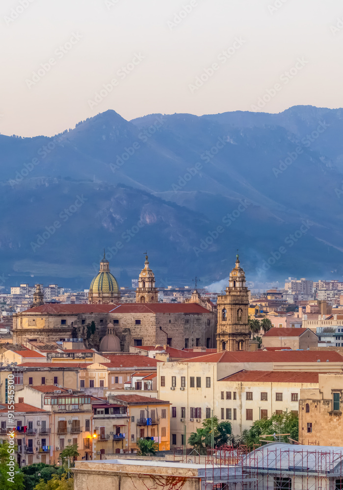 Fototapeta premium Residential Homes and Historic Church Buildings with mountains in background in Palermo, Sicily, Italy