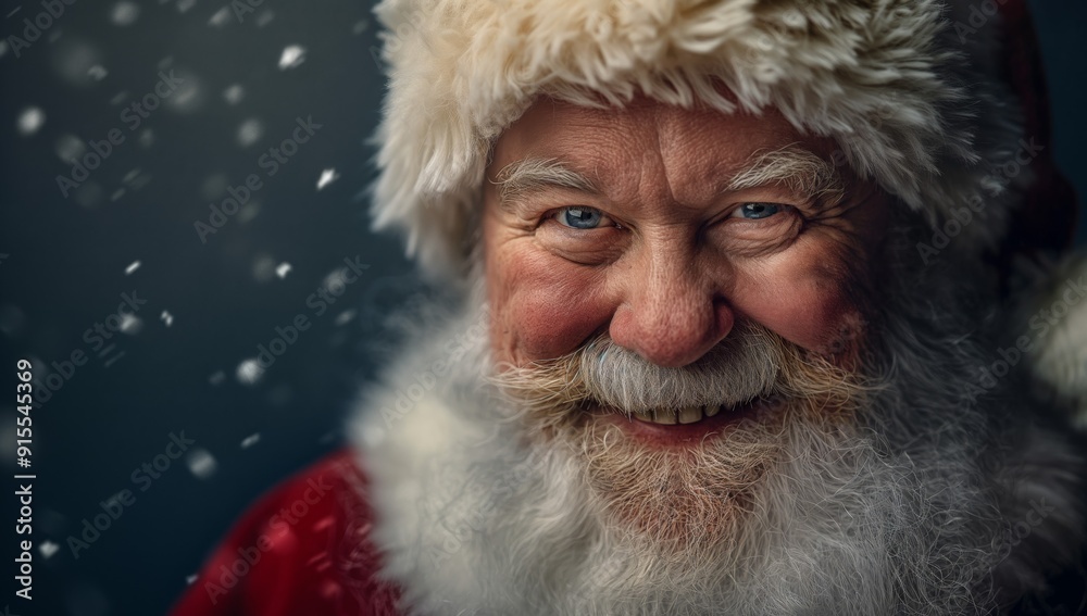 Close-Up of Smiling Santa Claus with Snowflakes Falling in a Festive Winter Scene
