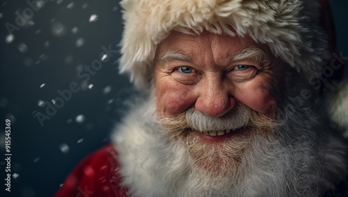 Close-Up of Smiling Santa Claus with Snowflakes Falling in a Festive Winter Scene
