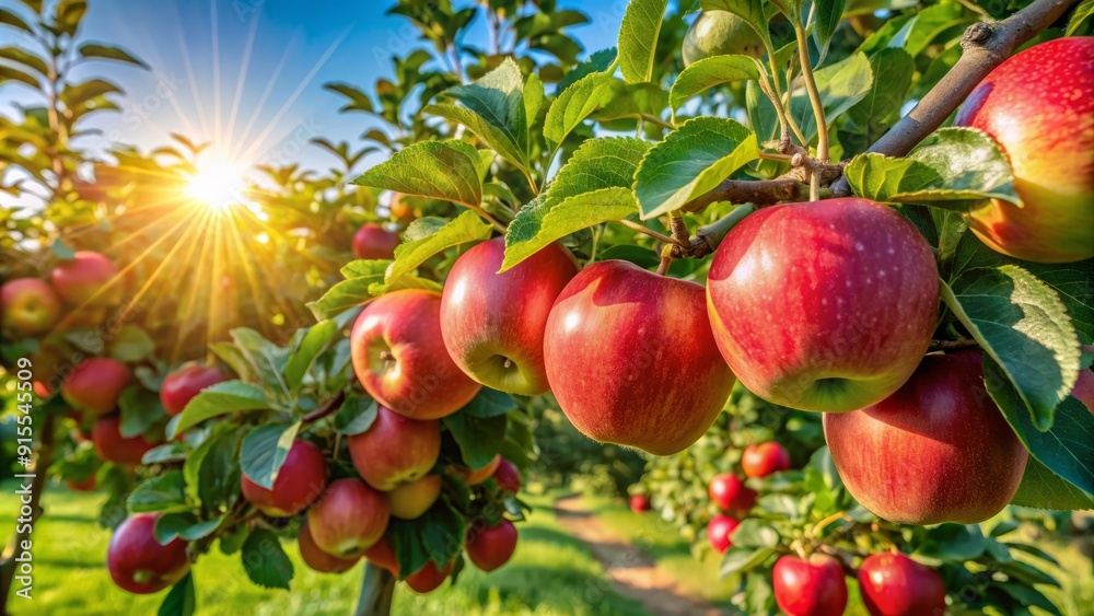 Obraz premium Ripe apples cling to the branch of an espalier apple tree, their red and green skin glistening in the warm summer sunlight in a lush Wisconsin orchard.