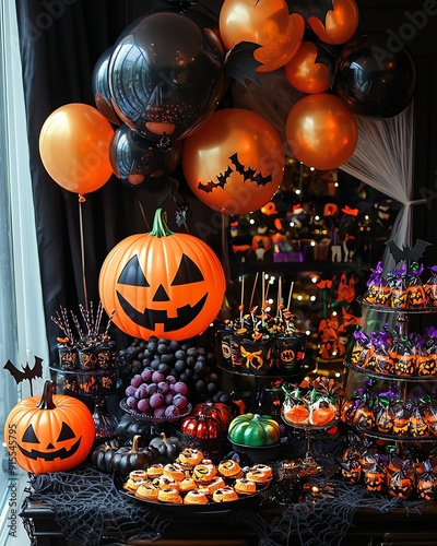 Halloween party table with pumpkins, balloons, and treats