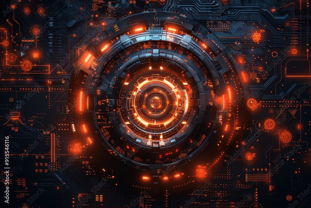 Abstract technology background featuring a futuristic circular design with glowing elements Abstract technology background featuring a futuristic circular design with glowing elements