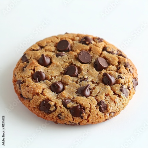 Deliciously baked chocolate chip cookie with a golden brown crust, featuring gooey chocolate chips scattered throughout.