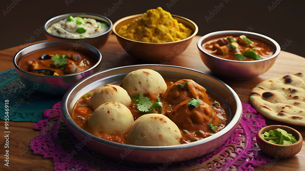 A 3D cute cartoon style Indian food platter with a variety of colorful dishes, including naan, curry, and sweets, set against a simple background A 3D cute cartoon style Indian food platter with a variety of colorful dishes, including naan, curry, and sweets, set against a simple background