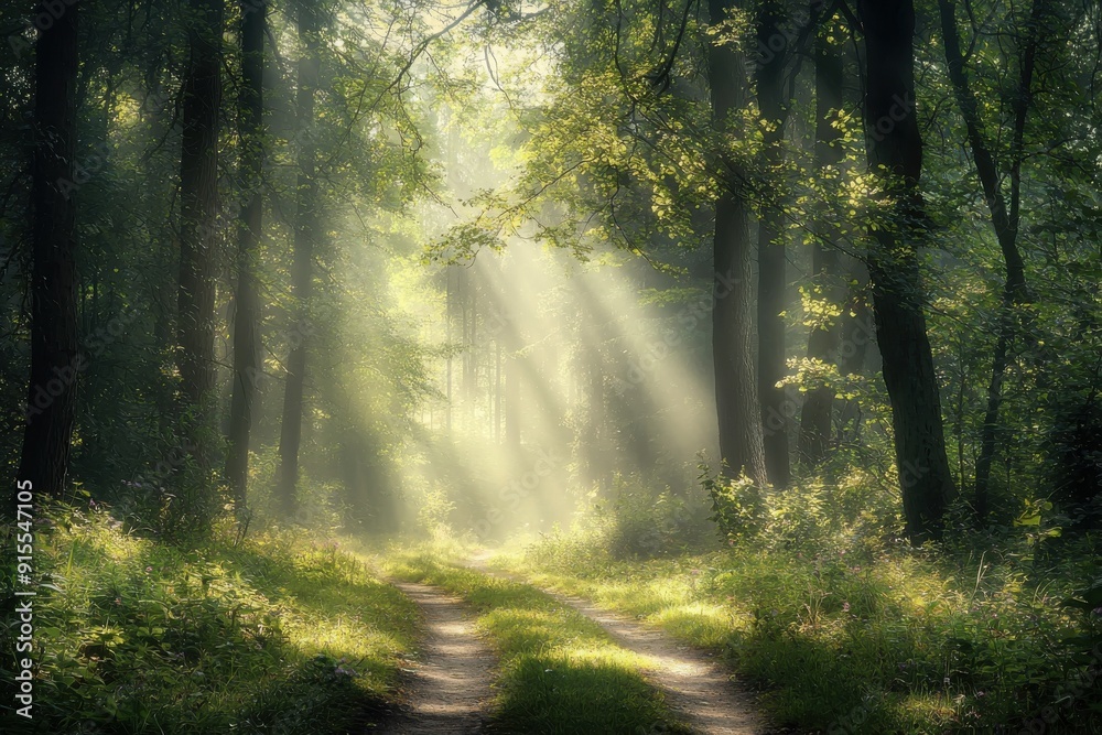 Fototapeta premium A serene forest path illuminated by soft sunlight, inviting nature lovers to explore its tranquil beauty.