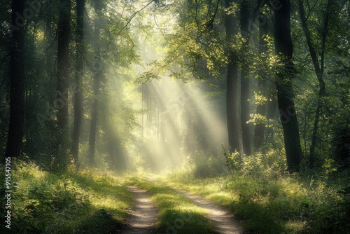 A serene forest path illuminated by soft sunlight, inviting nature lovers to explore its tranquil beauty.