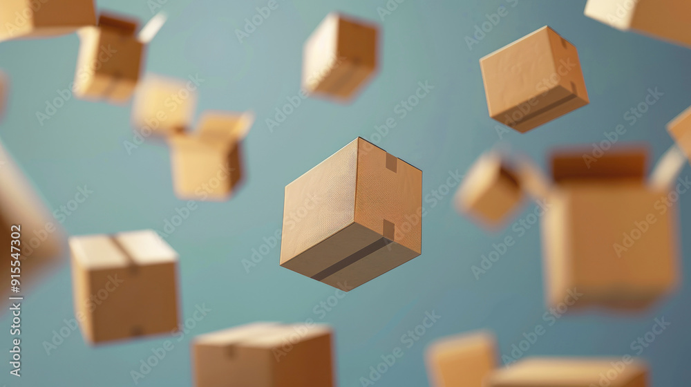 3d model of many flying cardboard boxes and parcels. Mail, delivery of goods, cargo transportation, online shopping. Selective focus. 3d model of many flying cardboard boxes and parcels. Mail, delivery of goods, cargo transportation, online shopping. Selective focus.