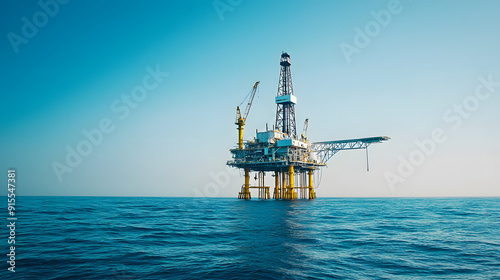 Wide shot of an oil drilling platform in the middle of the ocean, under a clear blue sky