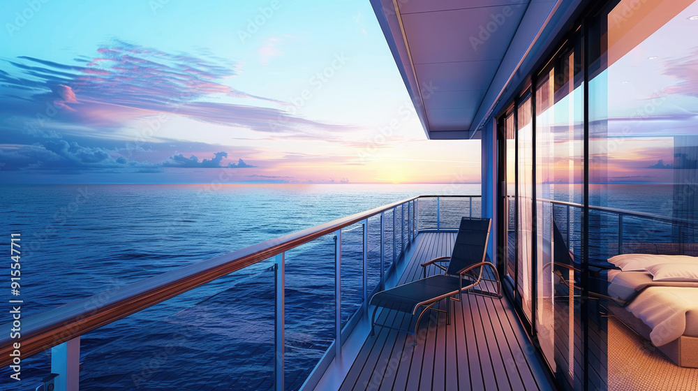 Fototapeta premium A luxurious cruise ship balcony, extending over the sparkling blue ocean. A serene and inviting atmosphere, symbolizing the allure and contemplative nature of choosing a balcony room on a cruise. 