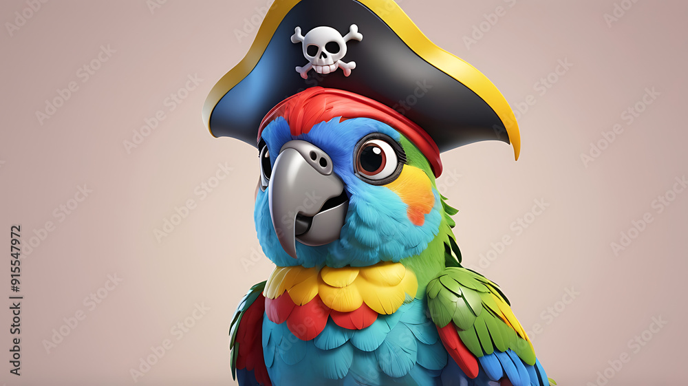 Naklejka premium A 3D cute cartoon style portrait of a colorful, plump parrot character with a pirate hat, eyepatch, and a cheeky smile, set against a simple background