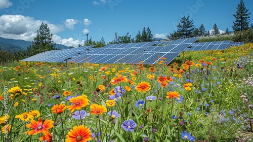 Bees and insects thriving in pollinatorfriendly solar gardens, wildlife renewable change, pollinator support photo