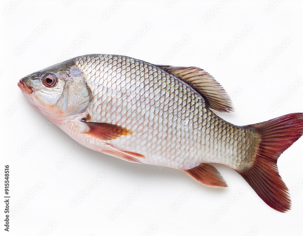 Fototapeta premium isolated real fish on white background, freshwater fish with head tail fresh catch from pond