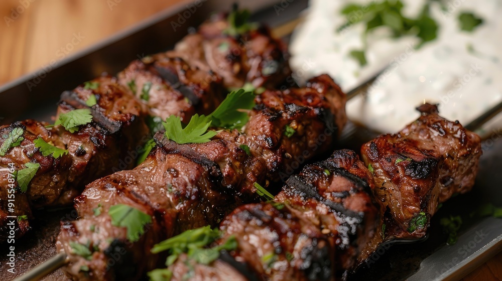 Delicately spiced lamb kebabs, skewered and grilled to perfection, served with a side of cooling yogurt sauce and a sprinkle of fresh herbs. Delicately spiced lamb kebabs, skewered and grilled to perfection, served with a side of cooling yogurt sauce and a sprinkle of fresh herbs.