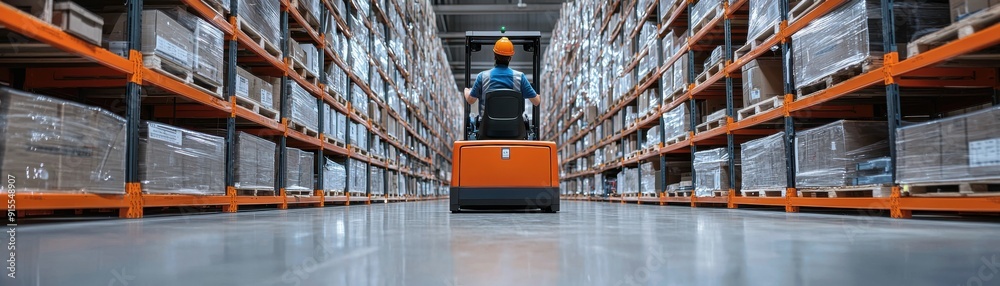 A worker operates a forklift in a large warehouse, surrounded by neatly stacked packages in an organized shelving system. A worker operates a forklift in a large warehouse, surrounded by neatly stacked packages in an organized shelving system.