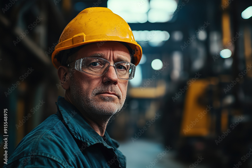 Middle-aged man in a steel plant, equipped with safety glasses and a yellow helmet, posing with a blurred industrial environment behind. Emphasizes professionalism and safety. Middle-aged man in a steel plant, equipped with safety glasses and a yellow helmet, posing with a blurred industrial environment behind. Emphasizes professionalism and safety.