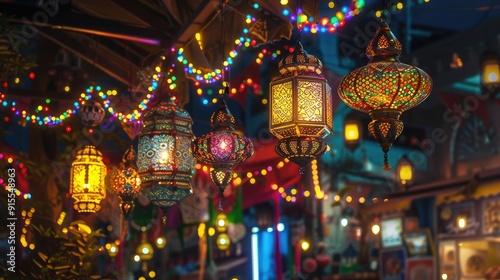 Eid decorations with vibrant colors and lights. photo