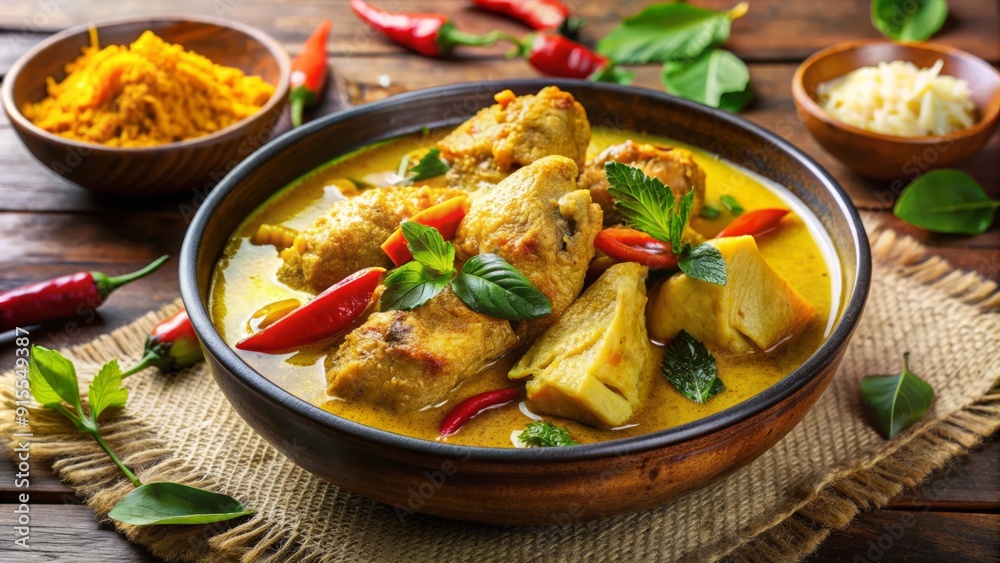 Savory Indonesian chicken curry with tender wings, soft tofu, and fragrant turmeric, lemongrass, and coconut milk soup, served in a steaming bowl. Savory Indonesian chicken curry with tender wings, soft tofu, and fragrant turmeric, lemongrass, and coconut milk soup, served in a steaming bowl.