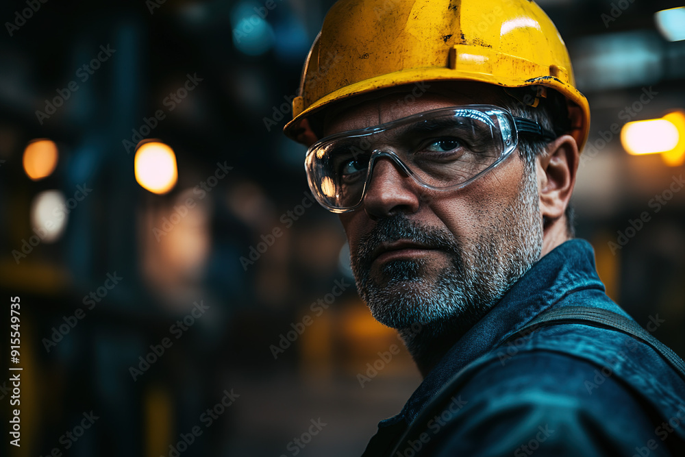Industrial worker in a steel plant wearing a yellow helmet and safety glasses, middle-aged and professional, with a blurred factory setting in the background. Highlights safety and industry. Industrial worker in a steel plant wearing a yellow helmet and safety glasses, middle-aged and professional, with a blurred factory setting in the background. Highlights safety and industry.