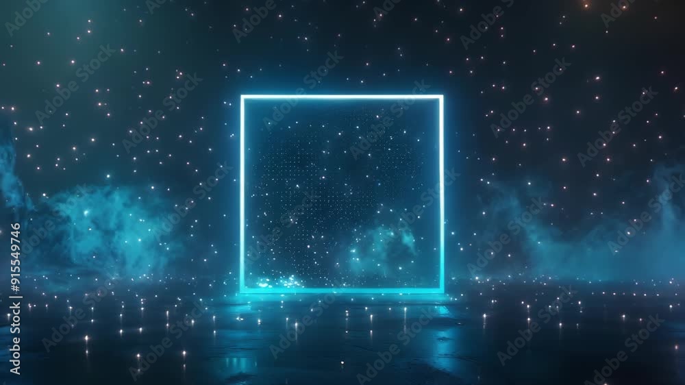 3d animation of abstract stars illuminated with neon turquoise light square on dark background