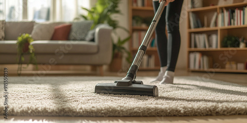 Wallpaper Mural A woman is using an electric floor vacuum cleaner to clean the carpet in her living room, close-up Torontodigital.ca