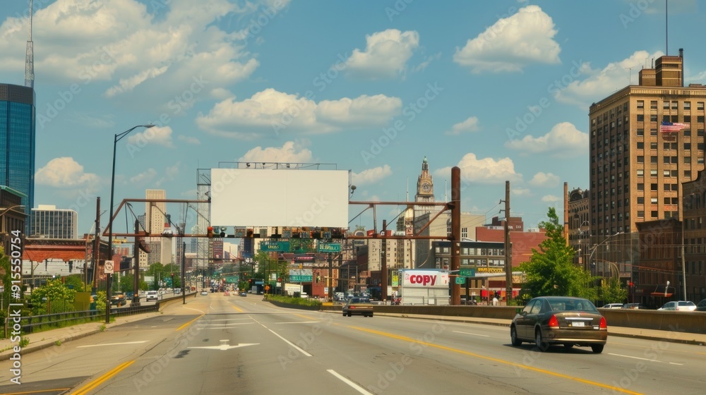 Blank billboard with city skyline in the background. Blank billboard with city skyline in the background.