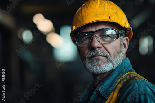 Middle-aged steel plant professional in safety glasses and a yellow helmet, with a blurred industrial backdrop. Showcases a focus on safety and manufacturing expertise.