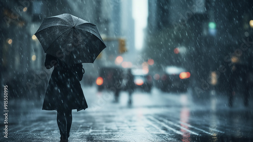 A woman with an umbrella walks down the street during the rain