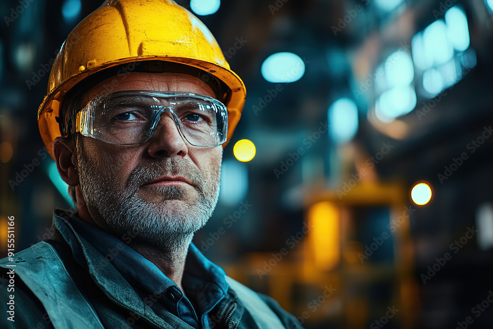 Experienced steel worker in safety gear and a yellow helmet, posing in front of a blurred industrial background. Focuses on professionalism, safety, and industrial work environment. Experienced steel worker in safety gear and a yellow helmet, posing in front of a blurred industrial background. Focuses on professionalism, safety, and industrial work environment.
