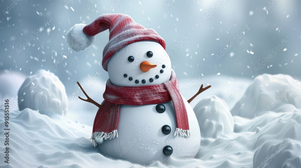 Fototapeta premium Snowman in Red and White Hat and Scarf