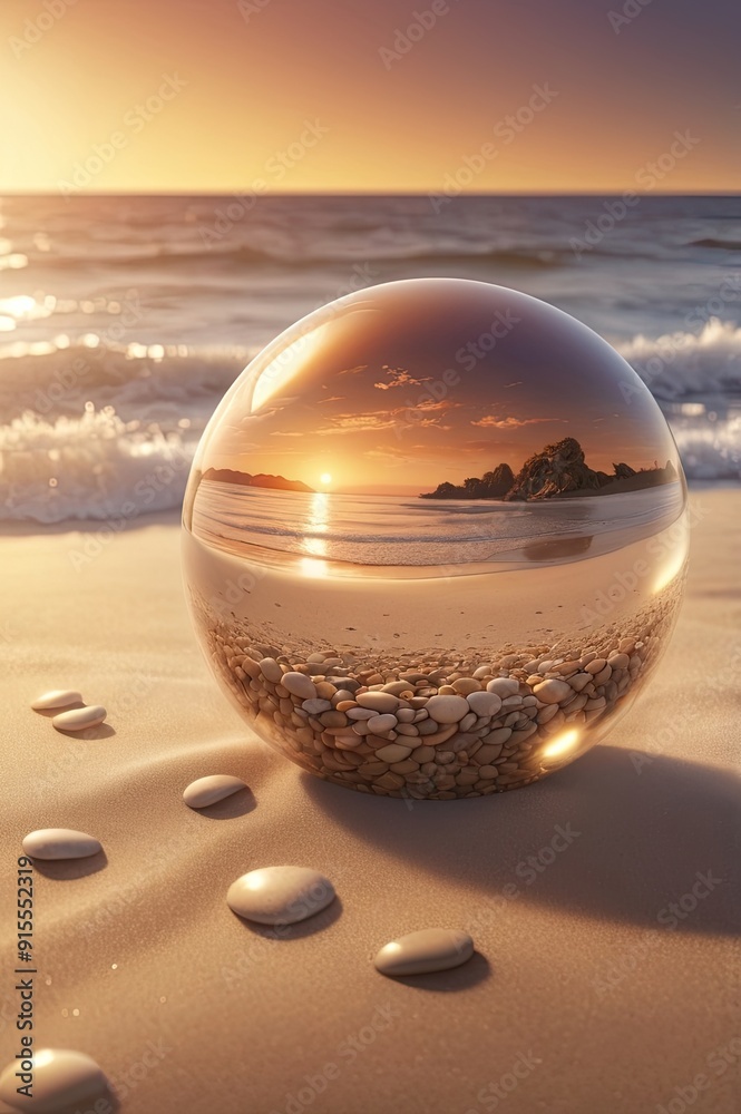 Golden sphere captures fiery sunset painting sky and ocean with vibrant hues Golden sphere captures fiery sunset painting sky and ocean with vibrant hues