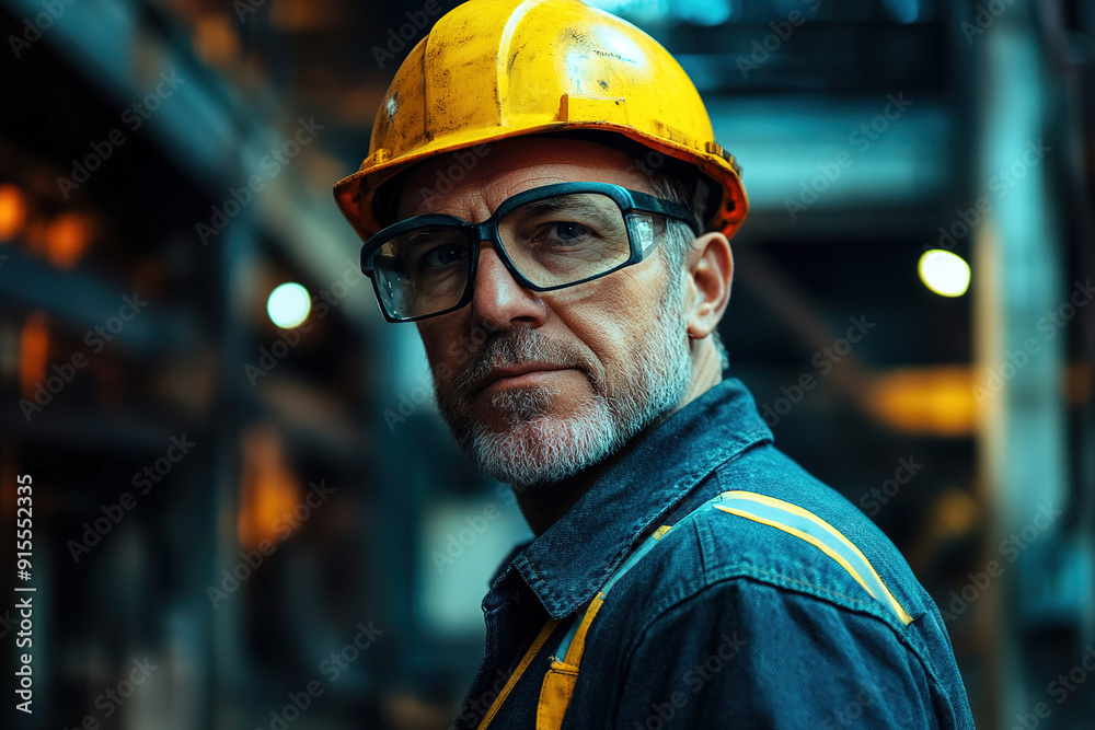 Middle-aged worker in a steel plant wearing a yellow helmet and safety glasses, standing with a blurred factory backdrop. Highlights safety, professionalism, and manufacturing skills.