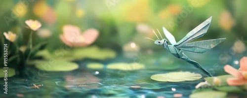 Origami dragonfly hovering above a pond, paper insect, serene scene
