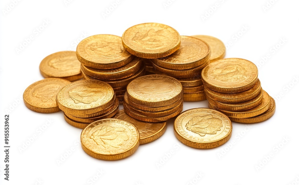 Golden coins stacked on a white background with an investment theme Golden coins stacked on a white background with an investment theme